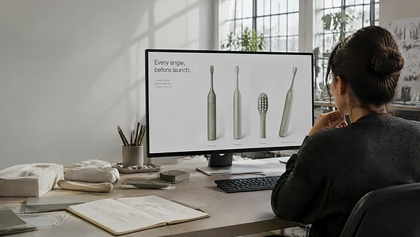 Monitor in a design studio showing photoreal renders of a green electric toothbrush from several angles