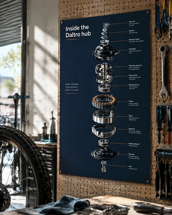 Exploded-view poster of an e-bike hub motor pinned on a bike workshop wall