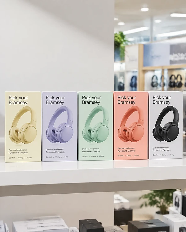 Row of headphone boxes on a store shelf, each showing the same 3D headphone in a different colour