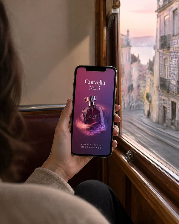 Hand holding a phone on a Lisbon tram, playing a spinning 3D perfume bottle animation