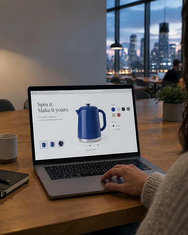 Laptop in a co-working space showing an interactive 3D kettle configurator in a web browser
