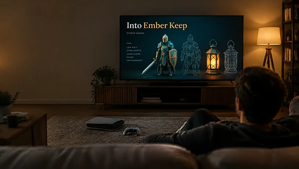 TV in a dark living room showing a low-poly game knight and lantern beside their wireframes