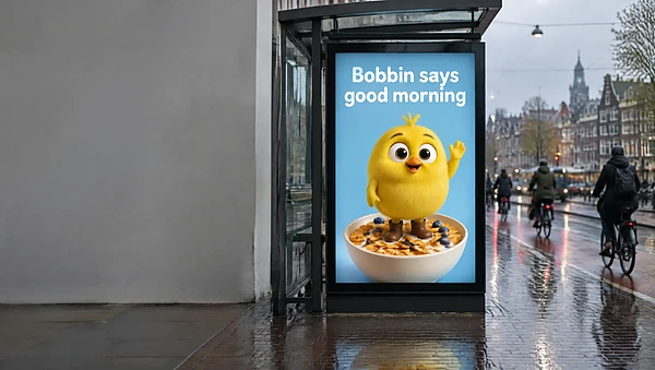 Rainy Amsterdam bus shelter with a poster of a fluffy yellow 3D bird mascot in a cereal bowl