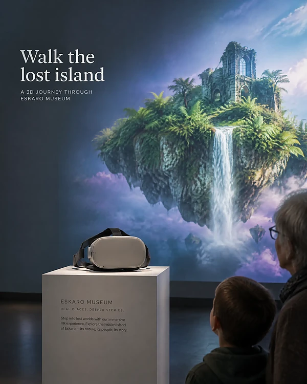 VR headset on a museum plinth in front of a large projection of a 3D floating island world