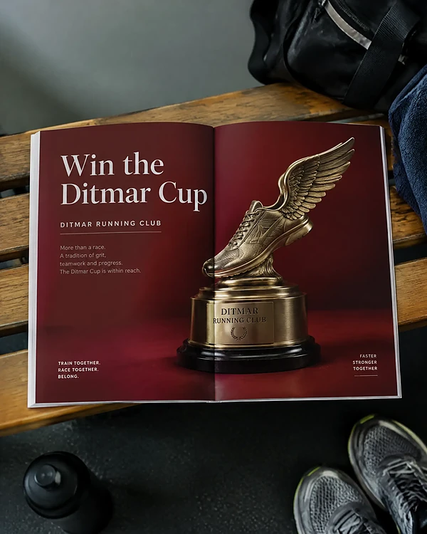 Magazine on a locker room bench showing a 3D gold trophy shaped like a winged running shoe