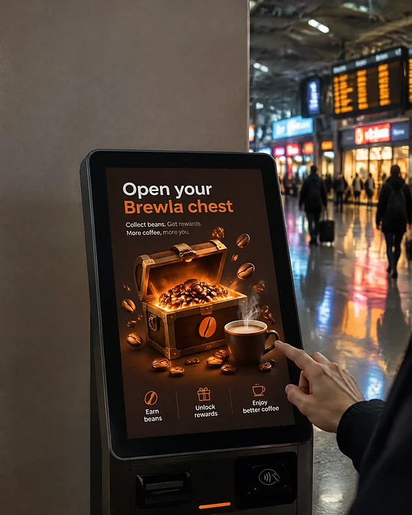 Station kiosk at night showing a 3D treasure chest full of coffee-bean coins for a loyalty reward