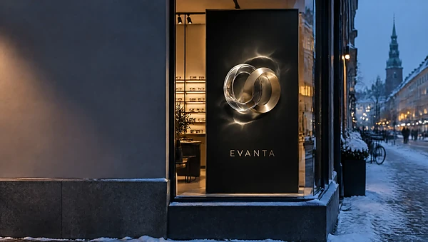 Snowy shop window with a screen showing a glass and brass 3D logo for an eyewear brand
