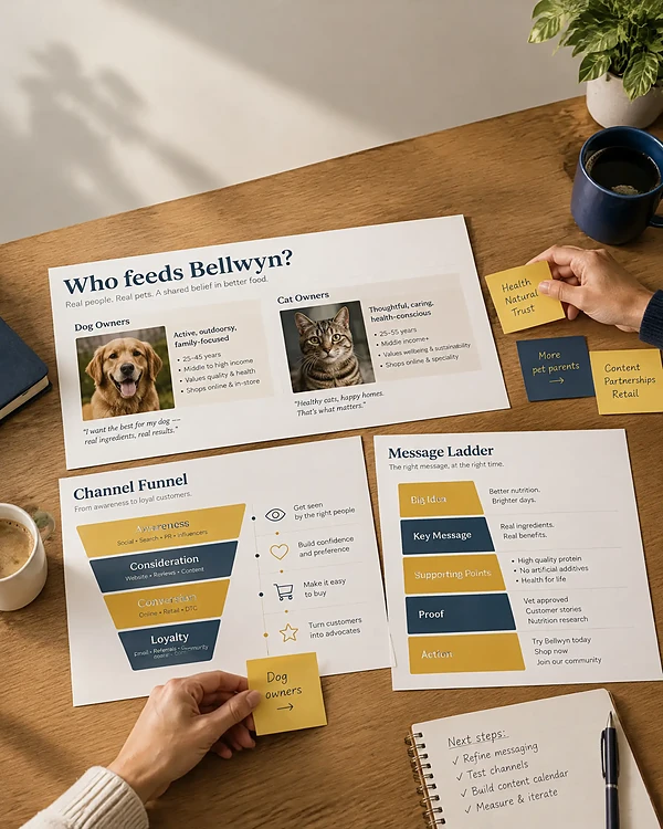 Overhead view of printed pet food strategy pages with audience cards and a channel funnel