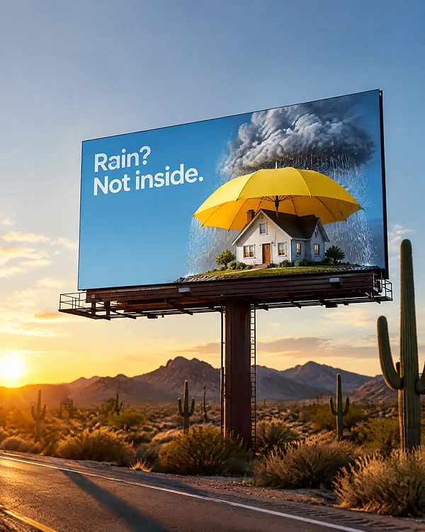 Desert highway billboard showing a house under a giant umbrella for a home insurance campaign