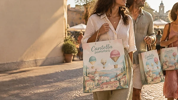 Friends in a piazza carrying shopping bags with a pastel hand-drawn gelato illustration
