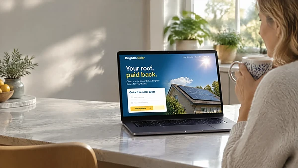 Laptop on a kitchen island showing a solar panel landing page with a hero photo and quote form