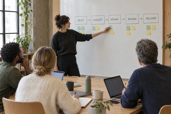 A facilitator walks a creative team through their workflow on a whiteboard