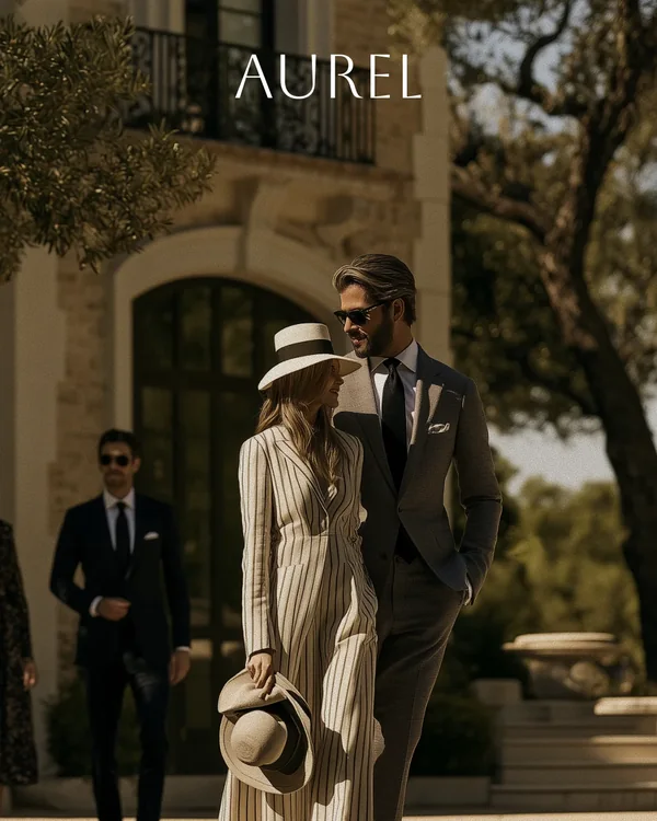 AUREL campaign image with the wordmark over a couple outside a stone villa