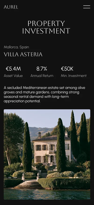 AUREL phone screen: the Villa Asteria investment