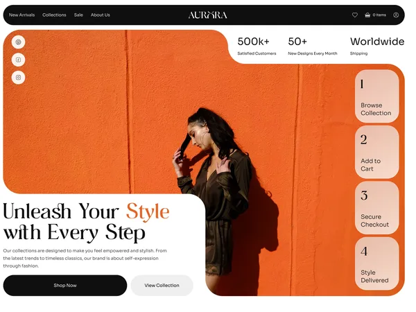 Aurora landing page with the orange hero, the stats and the four shopping steps