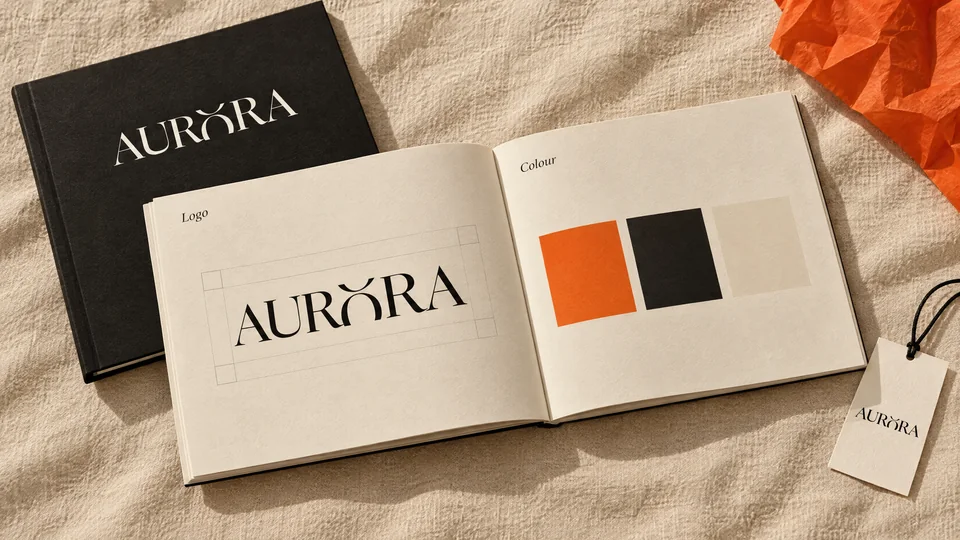 AURORA brand guidelines open on the logo and colour pages