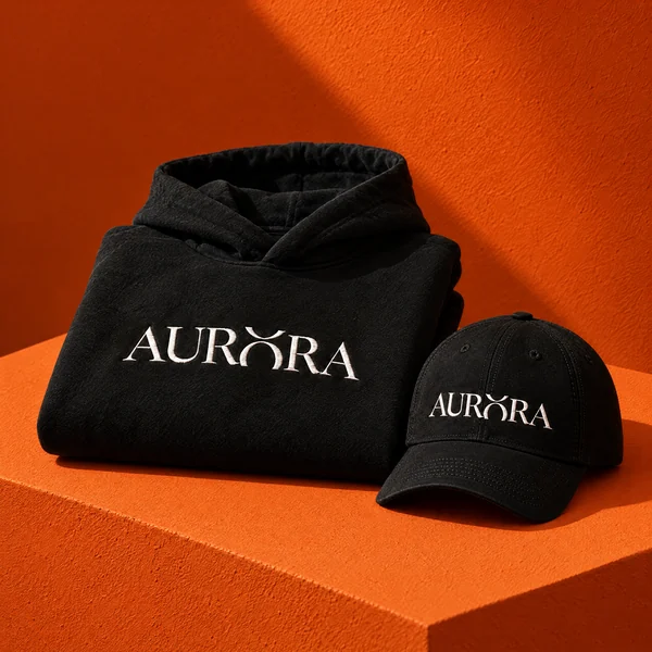 AURORA post, the hoodie and cap on an orange set