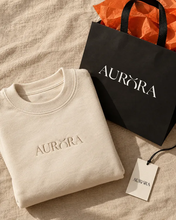 An Aurora sweatshirt, bag and tag