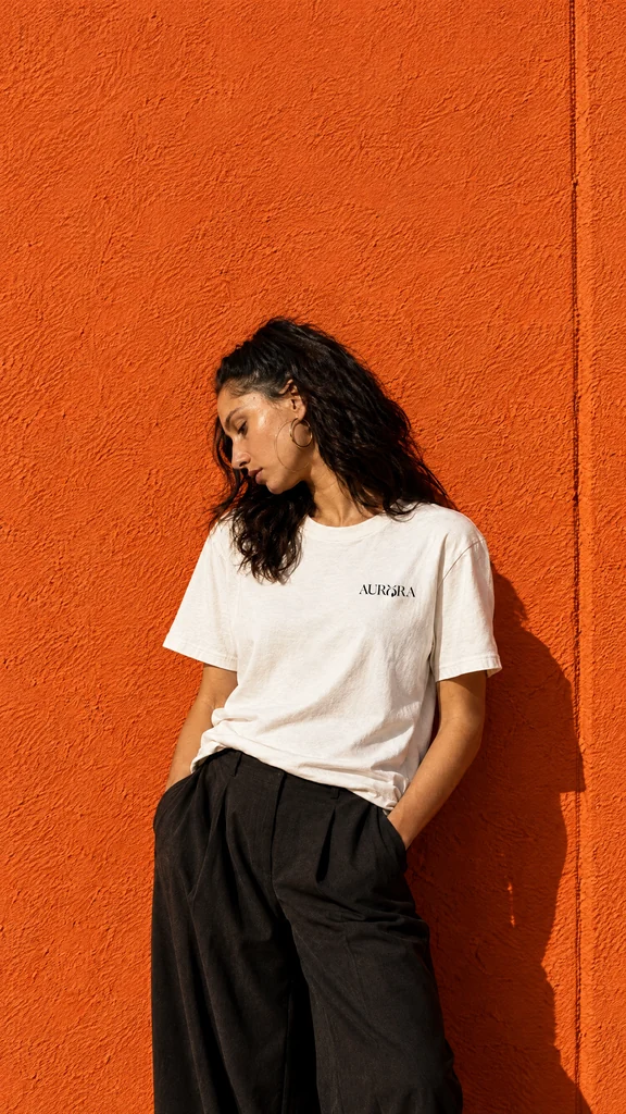 AURORA story, the model leaning on an orange wall