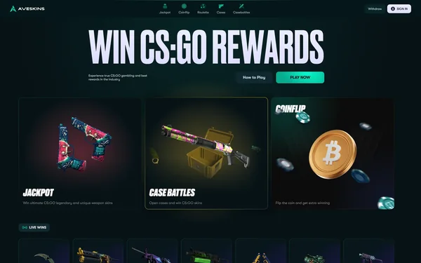 AVESKINS CS:GO rewards website with jackpot, case battle and coinflip cards