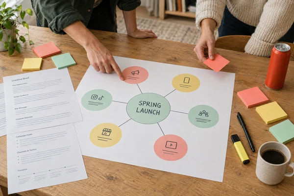 Two people planning a spring launch over a printed channel map and brief