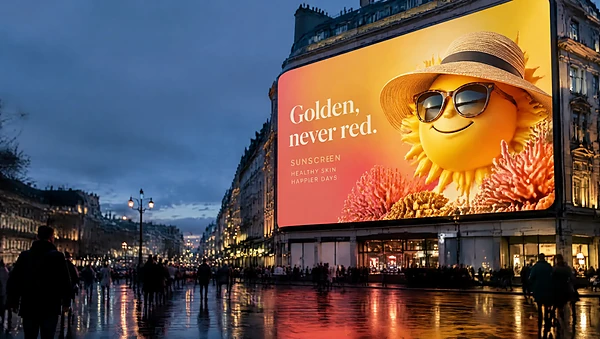 Giant city square screen at dusk showing a sunscreen campaign with a sun in sunglasses