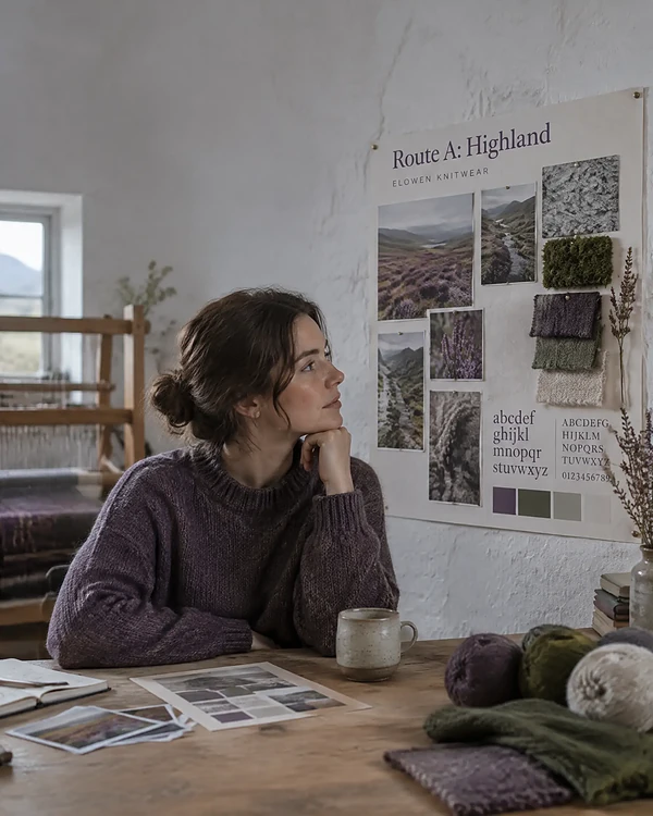 Moodboard of heather photos, wool swatches and type samples pinned in a knitwear studio
