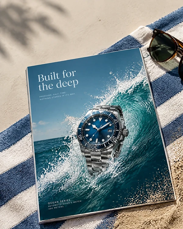 Magazine on a beach towel showing a key visual of a diver's watch bursting through a wave