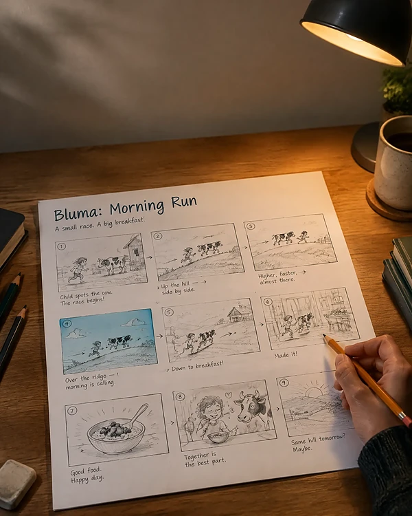 Overhead view of a nine-panel sketched storyboard on a desk under lamp light