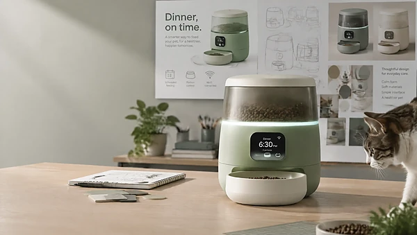 Smart pet feeder prototype on a design lab bench with concept boards and a cat