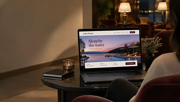 Laptop in a hotel lounge showing a landing page concept with a lakeside pool photo