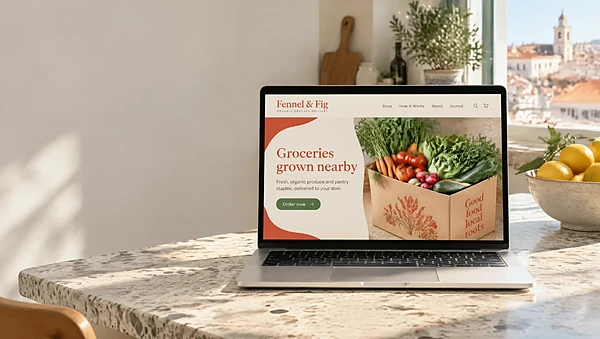 Laptop on a sunny kitchen island showing a grocery delivery homepage