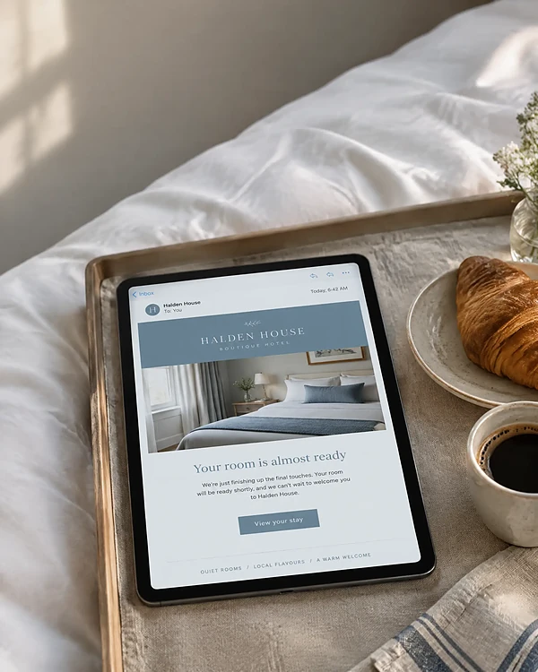 Tablet on a hotel breakfast tray showing a welcome email from a boutique hotel