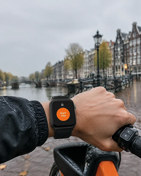 Smartwatch on a cyclist's wrist showing a clear 'Start ride' button