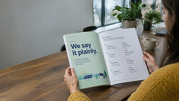 Person reading a printed brand voice guide on a co-working table