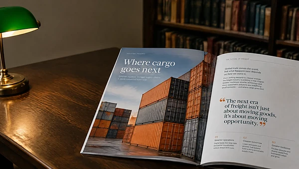 Printed logistics report open on a library table under a lamp