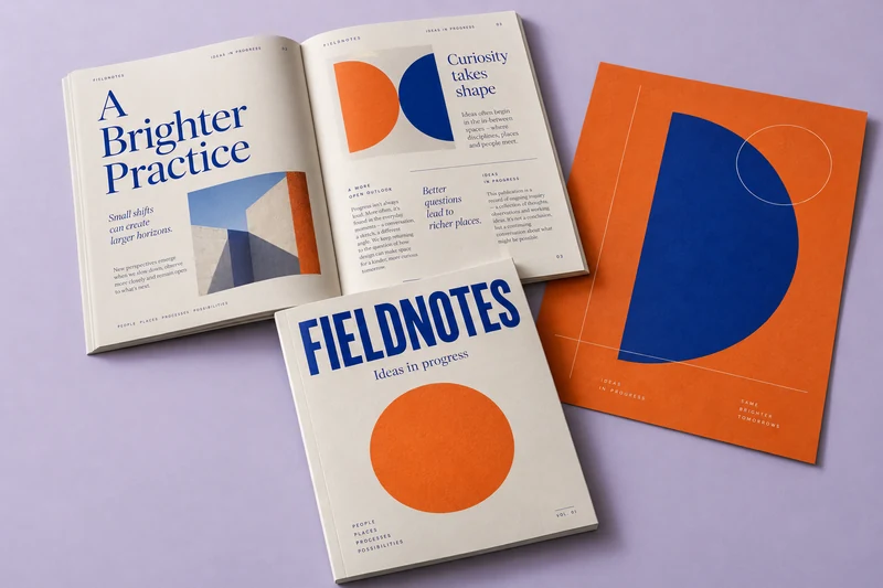 The FIELDNOTES publication in print, the cover and two inside spreads