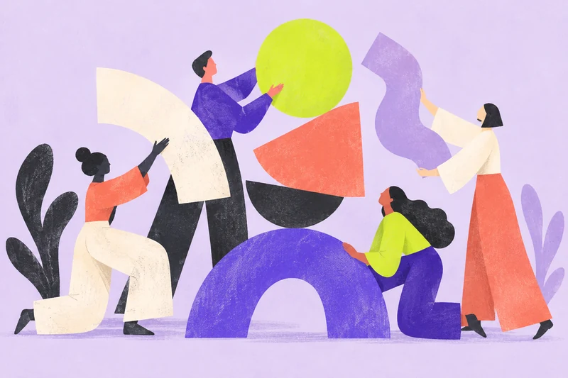 Illustrated route, people building a sculpture from paper shapes