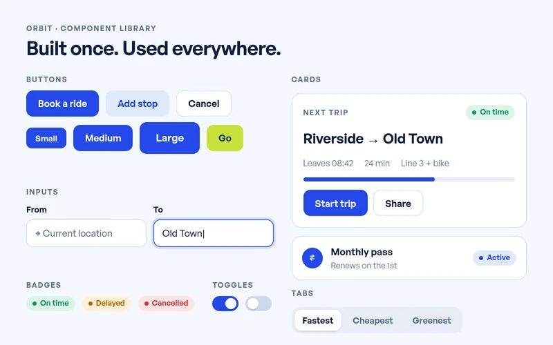 ORBIT component library: buttons, inputs, badges, toggles, cards and tabs
