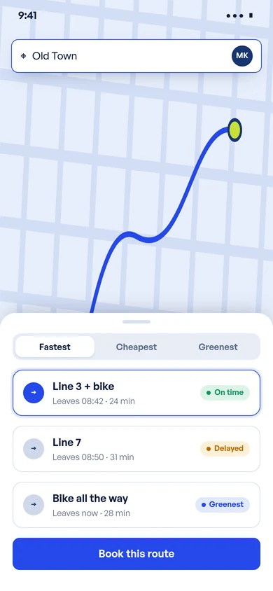 ORBIT app on a phone: a route on the map and the ride options