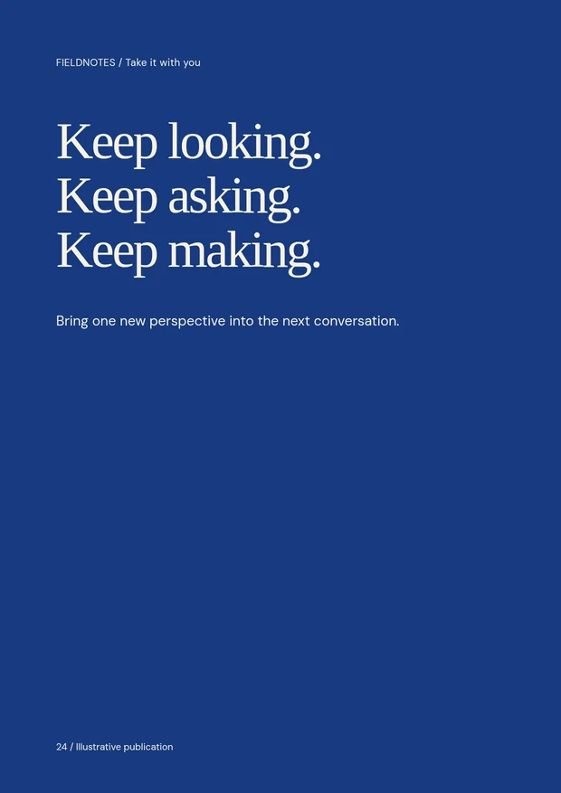FIELDNOTES page, Keep looking. Keep asking. Keep making.