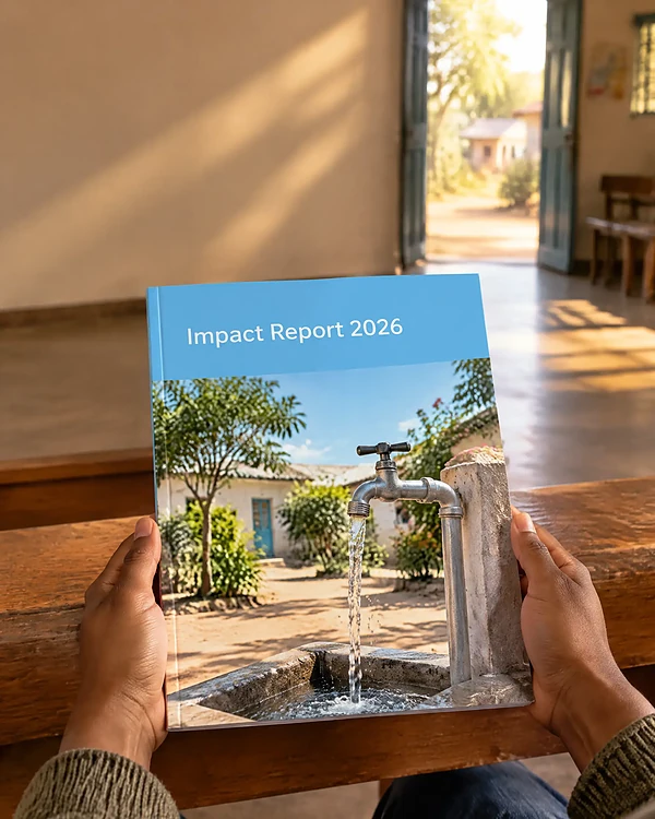 Hands holding a non-profit impact report in a sunlit community hall