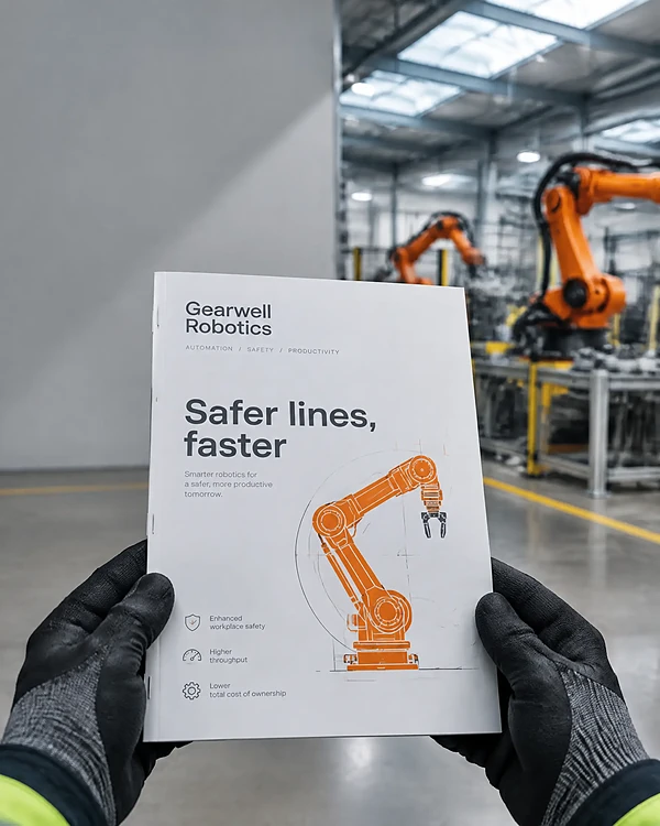 Gloved hands holding a robotics white paper on a factory floor