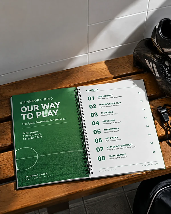 Football club playbook open on a changing room bench