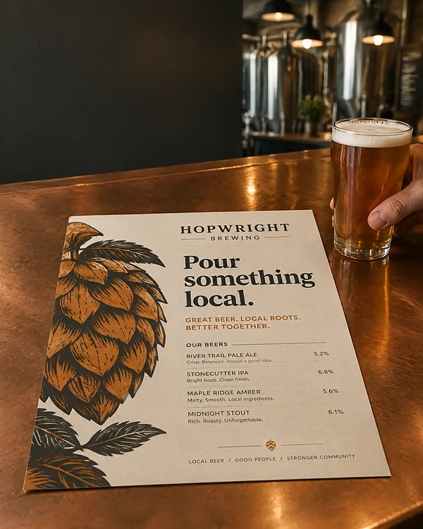 Brewery one-page sales sheet on a copper bar counter