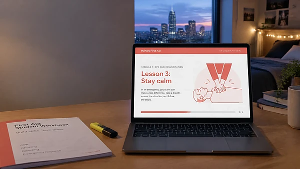 Laptop in a dorm room showing a first aid course module