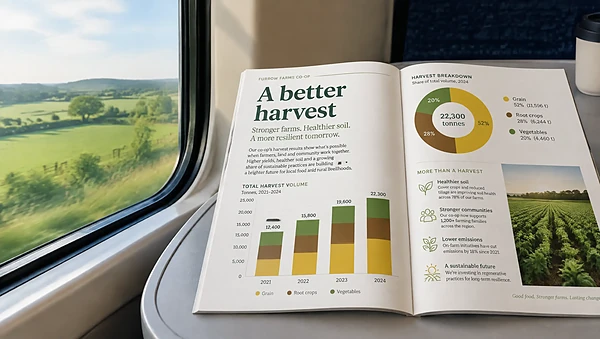 Magazine spread with bold farm charts on a train table