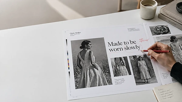 Fashion lookbook proofs being marked up with a red pencil