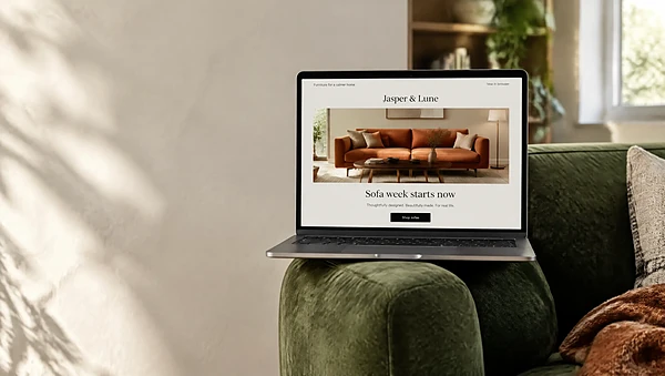 Laptop on a velvet sofa showing a furniture promo email