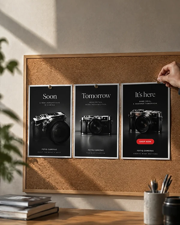 Three printed launch emails pinned in sequence on a cork board